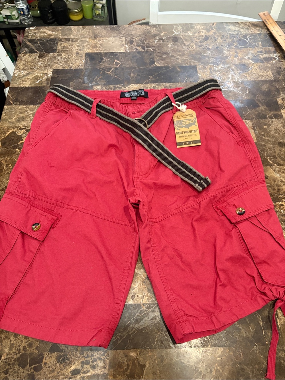 NWT Sunday Works Clothes Men’s Red Cargo Shorts with Striped Belt XLsz
